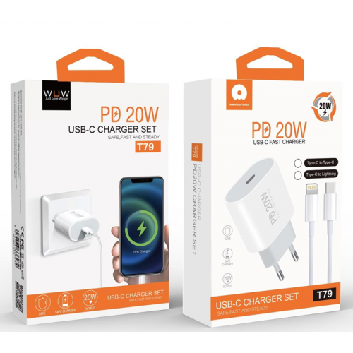 Мережевий зарядний пристрій з кабелем WUW-T79L PD 20W USB C charger with type c to lightning cable