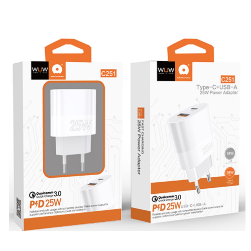 Мережевий зарядний пристрій WUW-C251 25W PD USB-C + USB QC3.0 18W