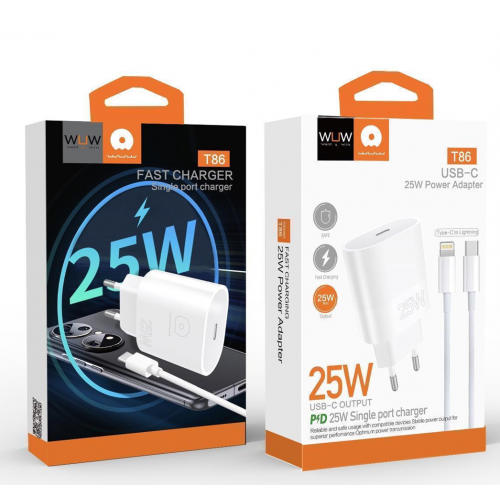 Мережевий зарядний пристрій з кабелем WUW-T86L PD 25W fast charger + USB C to lighting set