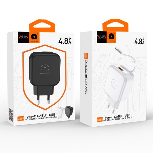 Мережевий зарядний пристрій WUW-C268 12W fast charger USB A +retractable 70cm type c Cable