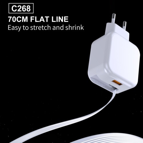 Мережевий зарядний пристрій WUW-C268 12W fast charger USB A +retractable 70cm type c Cable