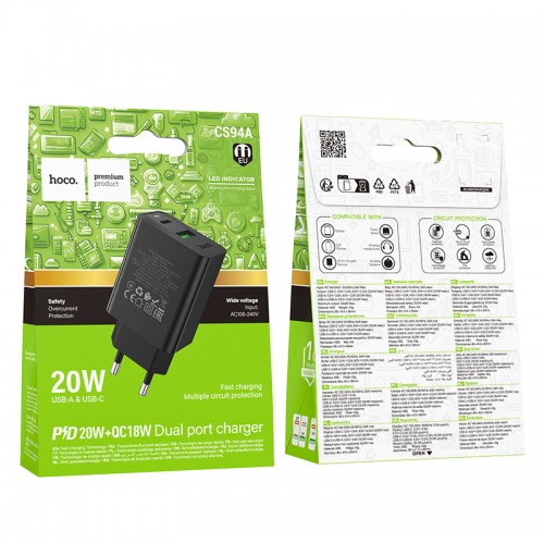 Мережевий зарядний пристрій HOCO CS94A Leader PD20W+QC3.0 charger(EU) Black
