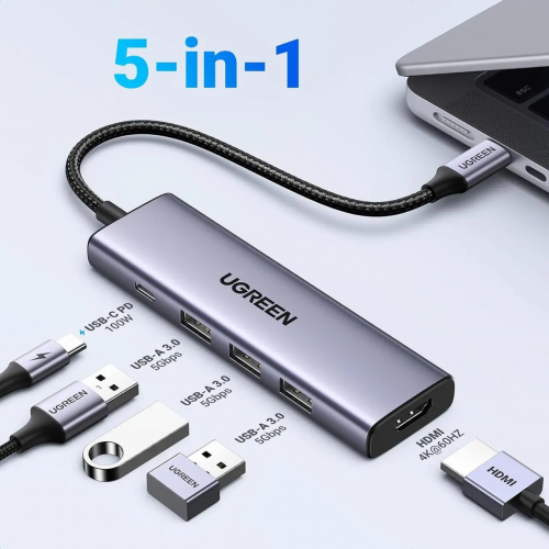 USB-хаб Ugreen CM511 5 в 1 USB-C на HDMI+3*USB 3.0 A+PD Power Converter