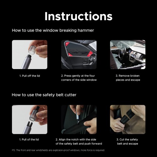Автомобільний аварійний молоток (склобій) з ножем Ugreen LP821 Car Safety Hammer