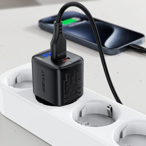 Сетевое зарядное устройство 35W Acefast A116 GaN (USB-A+USB-C) с цифровым дисплеем Black