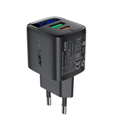 Сетевое зарядное устройство 25W Acefast A114 GaN (USB-A+USB-C) с цифровым дисплеем Black