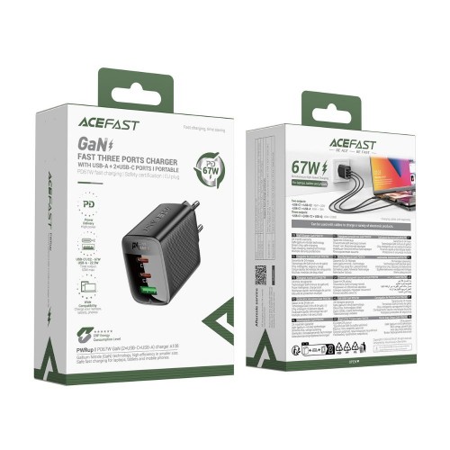 Сетевое зарядное устройство 67W Acefast A108 GaN (2*USB-C+USB-A) Black