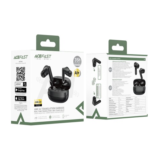Бездротові Bluetooth навушники TWS Acefast W8 AI translation, ANC+ENC, IPX4, Black