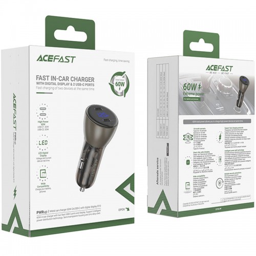 АЗУ Acefast B10 metal car charger 60W (USB-C + USB-C) with digital display