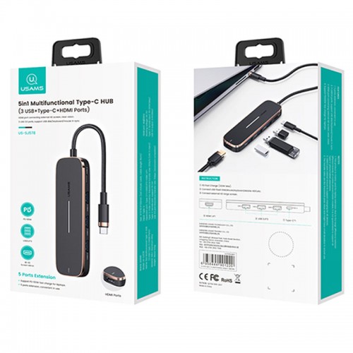 Переходник HUB Usams US-SJ578 5in1 Multifunctional (Type-C to 3USB+Type-C+HDMI ports)