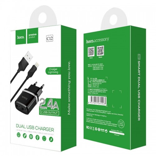 СЗУ Hoco C12 Charger + Cable Lightning 2.4A 2USB Black