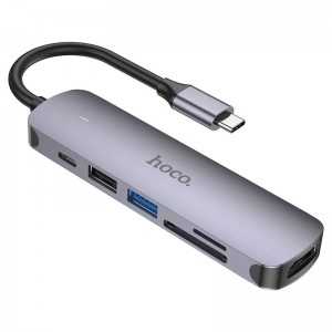 Переходник Hoco HB28 Multi-function 6in1 (Type-C to HDTV+USB3.0+USB2.0+SD+TF+PD) Grey