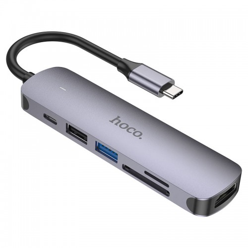 Переходник Hoco HB28 Multi-function 6in1 (Type-C to HDTV+USB3.0+USB2.0+SD+TF+PD) Grey