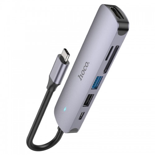Переходник Hoco HB28 Multi-function 6in1 (Type-C to HDTV+USB3.0+USB2.0+SD+TF+PD) Grey