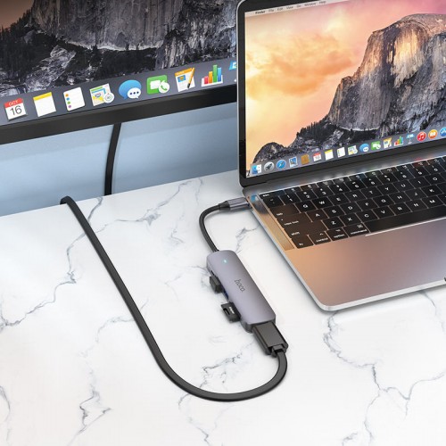 Переходник Hoco HB28 Multi-function 6in1 (Type-C to HDTV+USB3.0+USB2.0+SD+TF+PD) Grey