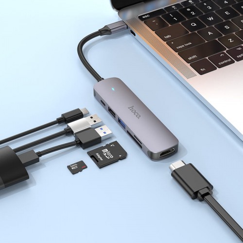 Переходник Hoco HB28 Multi-function 6in1 (Type-C to HDTV+USB3.0+USB2.0+SD+TF+PD) Grey