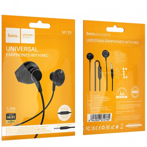 Стерео Наушники Hoco M125 Smart metal universal (3.5mm/1.2m) Black