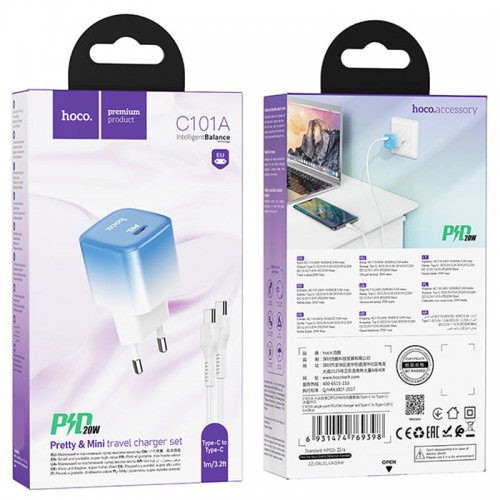 МЗП HOCO C101A PD20W (1C) + Type-C to Type-C Ice Blue