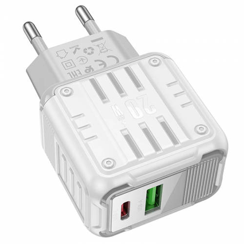 Сетевое зарядное устройство Hoco C135A Rock PD20W+QC3.0 (1USB-A/1USB-C) White