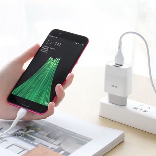 Сетевое зарядное устройство Hoco C73A (2USB/2.4A) + microUSB White