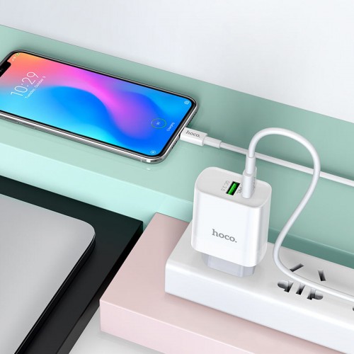 Сетевое зарядное устройство HOCO C80A Rapido PD20W+QC3.0 Type-C + USB + Type-C to Type-C cable White