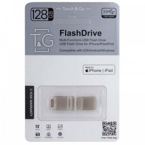 Флеш-драйв T&G 008 Metal series USB 3.0 - Lightning 128GB Silver
