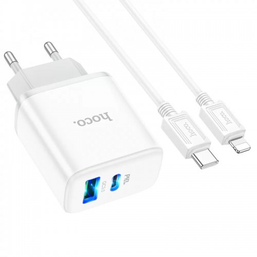 Сетевое зарядное устройство HOCO C105A Stage PD20W+QC3.0 + Type-C to Lightning White