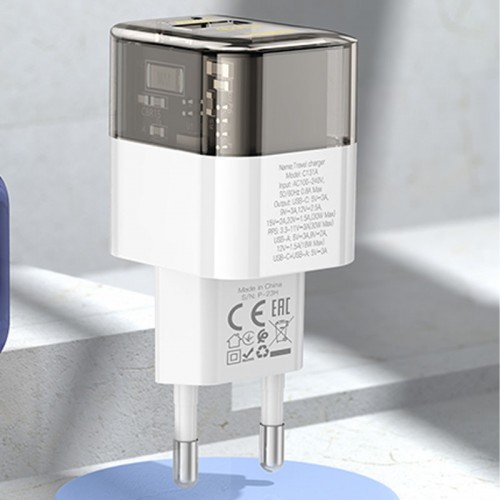 Мережевий зарядний пристрій Hoco C131A Platium PD30W+QC3.0 + Type-C to Lightning Black