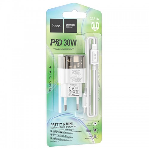 Мережевий зарядний пристрій Hoco C131A Platium PD30W+QC3.0 + Type-C to Lightning Black