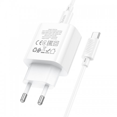 Сетевое зарядное устройство Hoco C76A Pro Majestic PD30W (1C) + Type-C to Type-C White