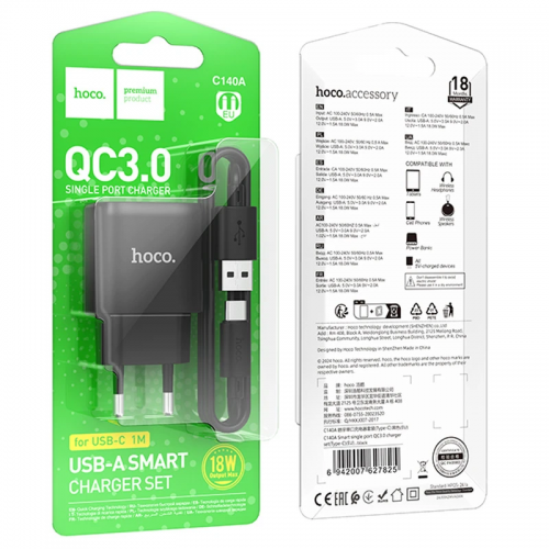 Сетевое зарядное устройство Hoco C140A Smart QC3.0 (1USB/3A) + Type-C Black