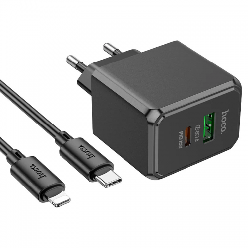 Сетевое зарядное устройство Hoco CS14A PD20W+QC3.0 (1USB-A/1C) + Type-C to Lightning Black