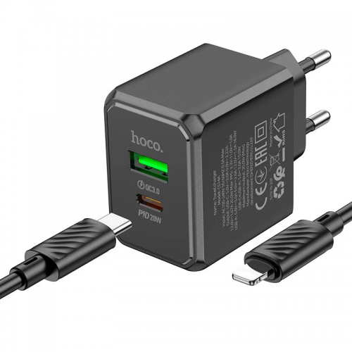 Сетевое зарядное устройство Hoco CS14A PD20W+QC3.0 (1USB-A/1C) + Type-C to Lightning Black