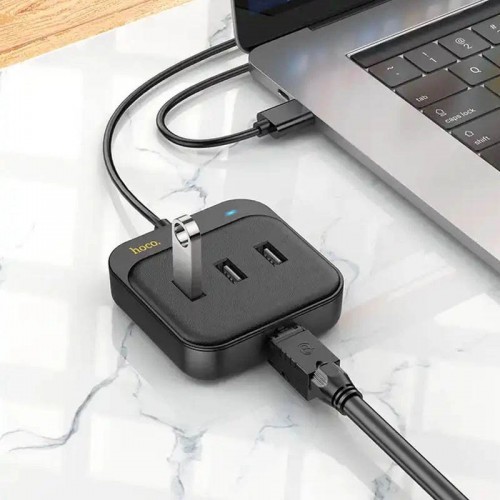 Переходник HUB Hoco HB35 Easy link 4-in-1 Gigabit Ethernet Adapter (USB to USB3.0*3+RJ45) (L=0.2M) Black