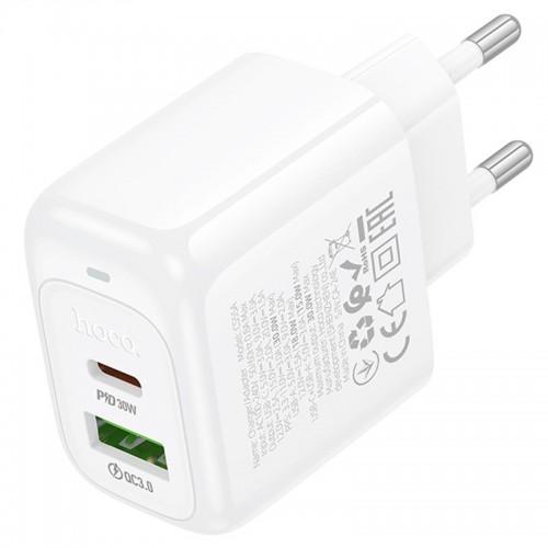 Сетевое зарядное устройство Hoco CS55A Surplus PD30W+QC3.0 (1USB-A/1C) (White)