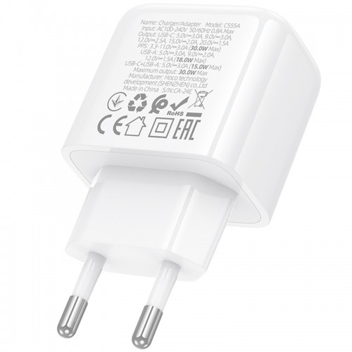 Сетевое зарядное устройство Hoco CS55A Surplus PD30W+QC3.0 (1USB-A/1C) (White)