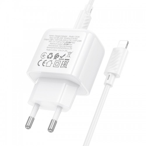 Сетевое зарядное устройство Hoco CS53A Surplus PD25W (1USB-C) + Type-C to Lightning (White)