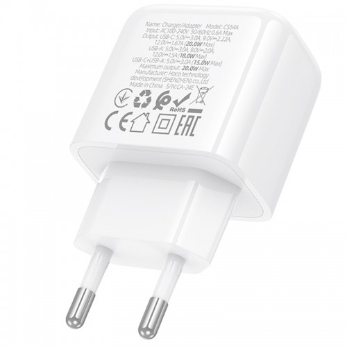Сетевое зарядное устройство Hoco CS54A Surplus PD20W+QC3.0 (1USB-A/1C) (White)