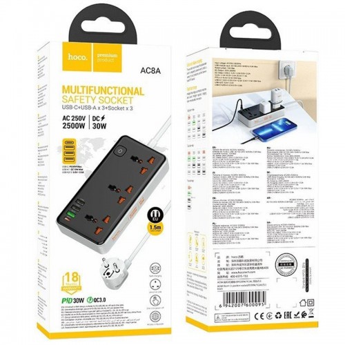 Удлинитель Hoco AC8A Storm (PD30W/1C/3A/3xSocket) (1.5m) (Black)