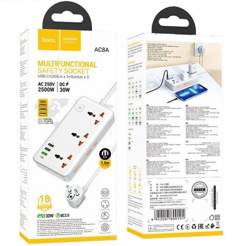 Удлинитель Hoco AC8A Storm (PD30W/1C/3A/3xSocket) (1.5m) (White)