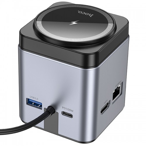 Переходник HUB Hoco HB49 Effortless 9in1 100W с БЗУ (Metal grey)