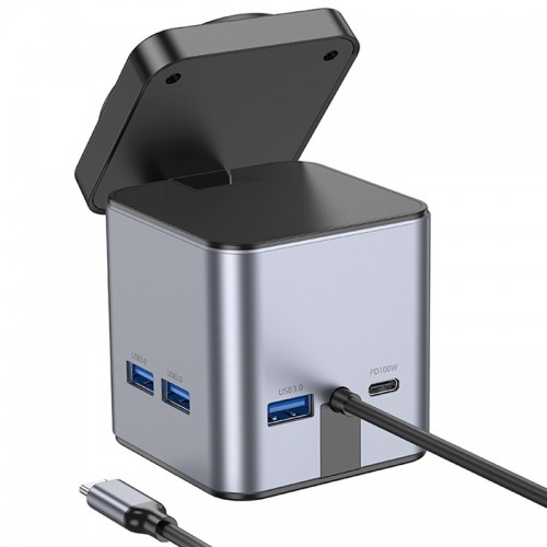 Переходник HUB Hoco HB49 Effortless 9in1 100W с БЗУ (Metal grey)