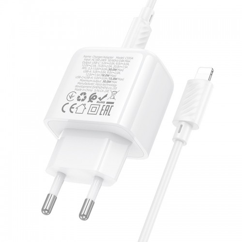 Сетевое зарядное устройство Hoco CS55A Surplus PD30W+QC3.0 (1USB-A/1C) + кабель Type-C to Lightning