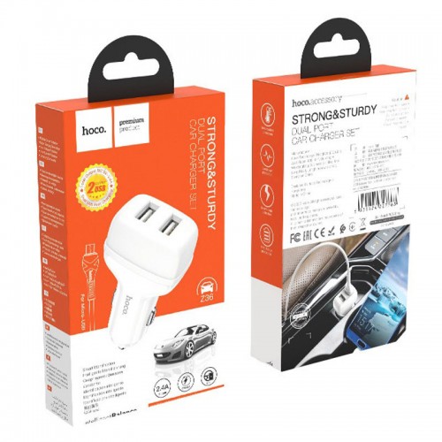 Автомобильное зарядное устройство Hoco Z36 Leader 2.4A (2USB-A) + кабель USB to MicroUSB (White)