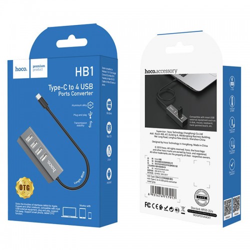 Переходник HUB Hoco HB1 USB to USB 2.0 (4 port) (1m)