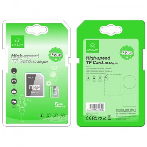 Карта памяти Usams US-ZB118 (TF High Speed Card) microSDHC Class 10 - 32GB (с адаптером)