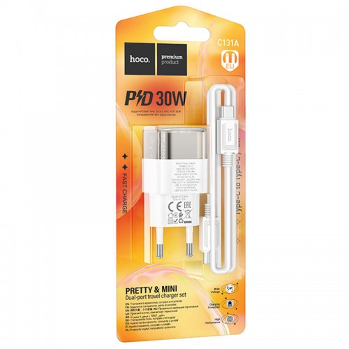 МЗП Hoco C131A Platium PD30W+QC3.0 (1USB-A/1C) + кабель Type-C to Type-C