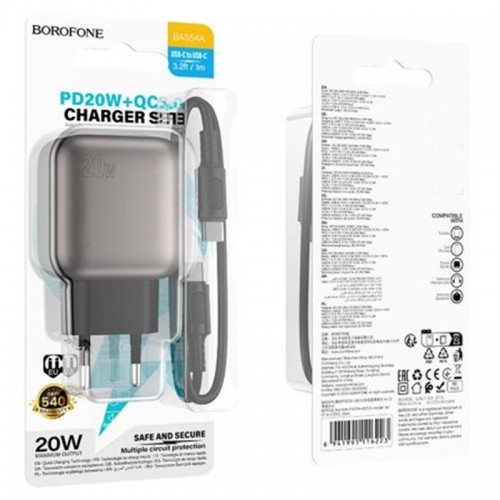 МЗП Borofone BAS54A Absolute PD20W+QC3.0 (1USB-A/1C) + кабель Type-C to Type-C
