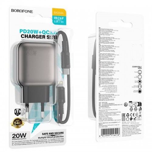 МЗП Borofone BAS54A Absolute PD20W+QC3.0 (1USB-A/1C) + кабель Type-C to Lightning