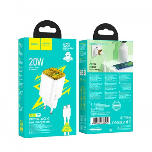 СЗУ Hoco N52 Monsoon PD20W+QC3.0 (1USB-A/1C) + кабель Type-C to Type-C